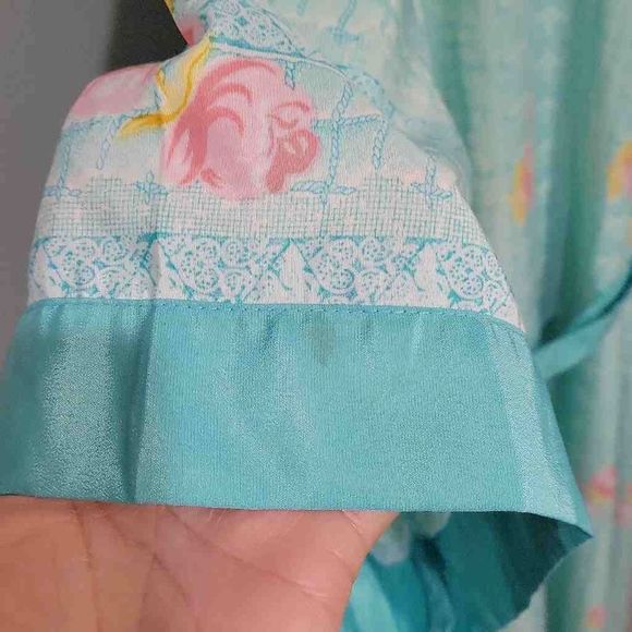 Contessa Di Roma Vintage Tiffany Blue w Pink Roses Tie Front House Robe Size XL - Picture 8 of 10